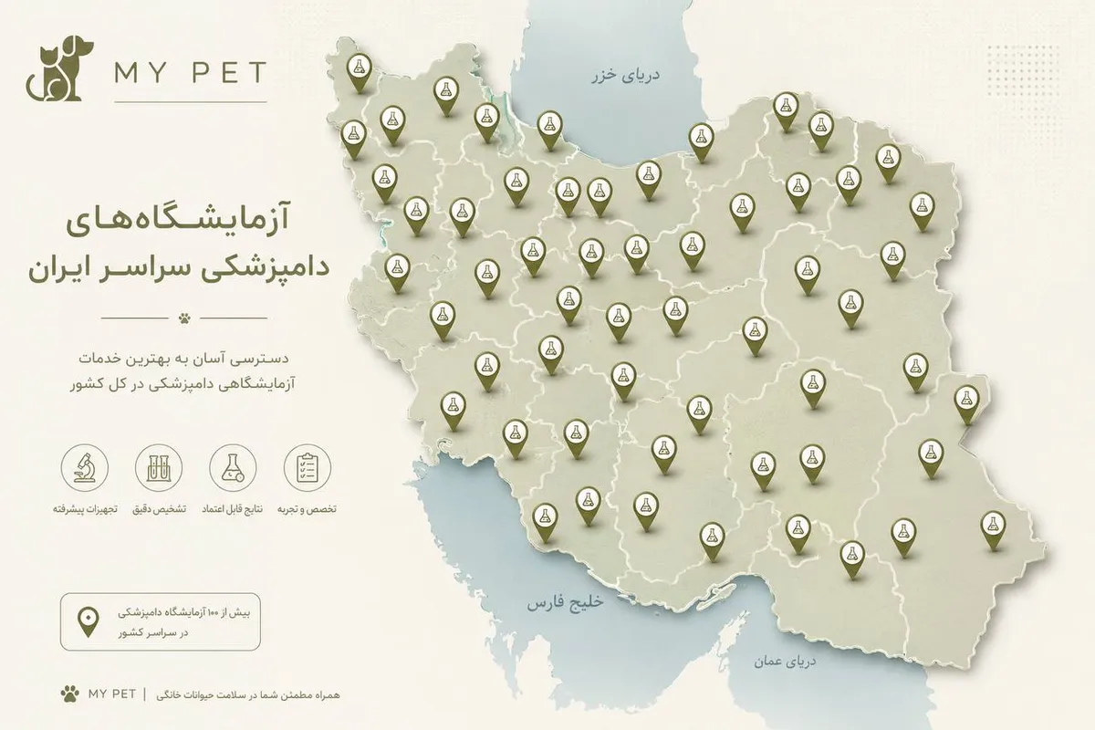 نقشه آزمایشگاه‌های دامپزشکی ایران؛ معرفی مراکز آزمایشگاهی سراسر کشور در شبکه جامع MY PET، زیرساخت اشتغال دامپزشکان و خدمات حیوانات ایران.
